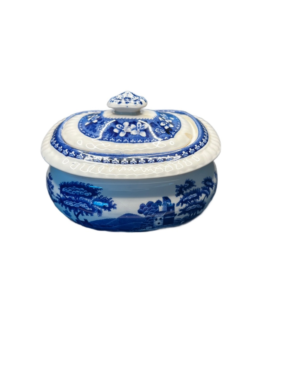 Vintage Spode Blue Tower Covered Sugar Bowl Lidded Jar Made in England 4x3”
